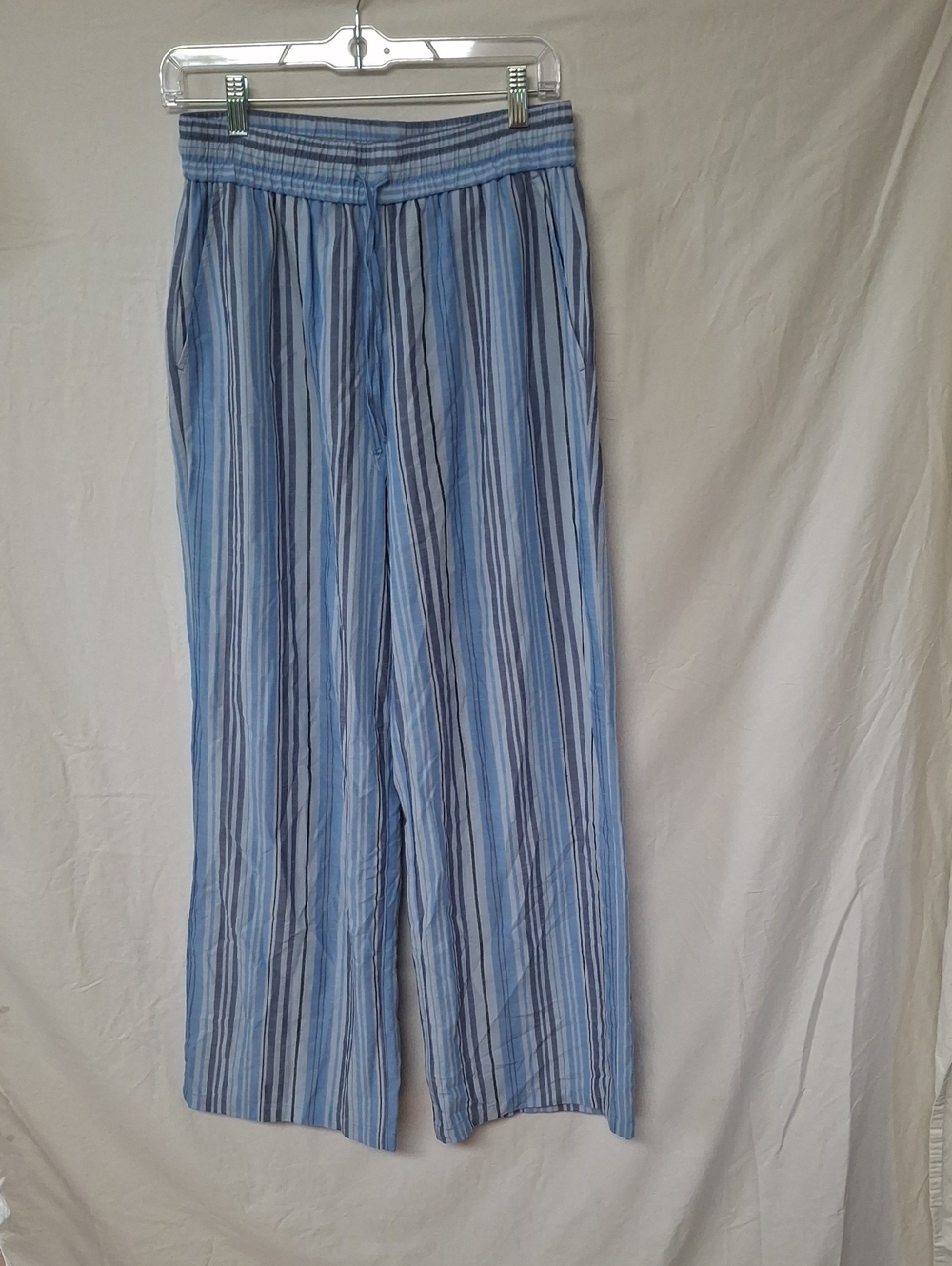 Halara Striped Wide Leg Pants M Medium Blue Linen-Feel High Waisted Casual EUC